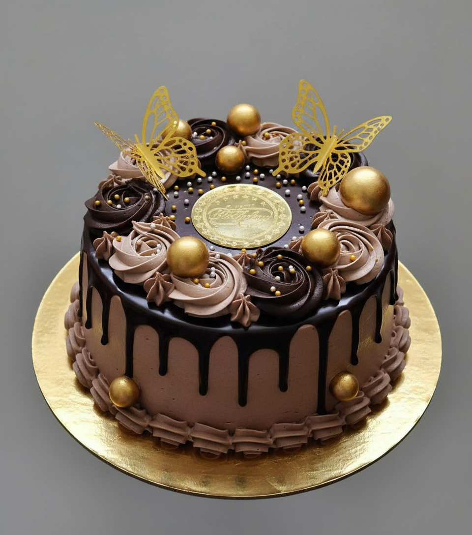 Elegant chocolate celebration cake with gold butterfly accents