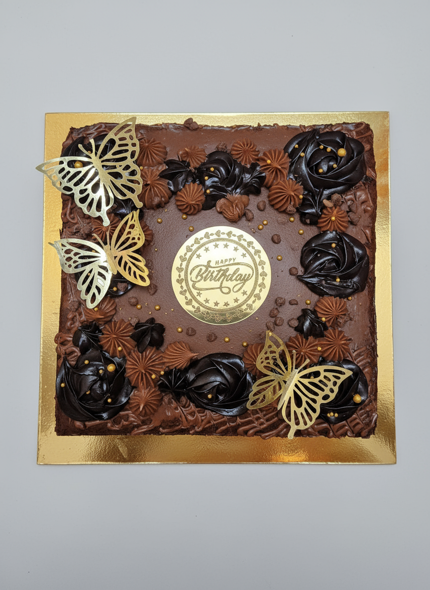 Chocolate sheet cake with gold butterfly decorations