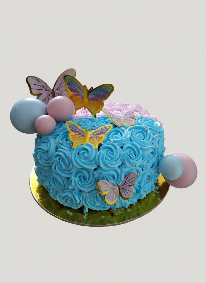 Turquoise rosette cake with butterfly decorations